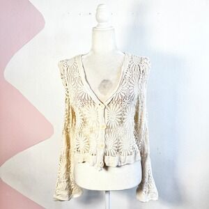 Cream Crochet Lace Button Front Cardigan Sz M/L Bell Sleeve Festival Coachella